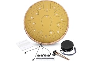 ANGELBECKE Steel Tongue Drum - 13 Inch 15 Notes C-key Handpan Drum Percussion Instruments with Music Book for Musical Education Entertainment Meditation Concert Mind Healing Yoga Zen (Yellow)