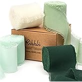 Ribbli Sage Green Chiffon Ribbon Set, Handmade Fringe Silk Ribbon, 1.5 in x 5 Yard Each Ivory/Mint/Sage/Forest Green for Wedd