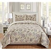 Home Collection 2pc Twin/Twin XL Bedspread Quilt Set Floral Beige Pink Blue Taupe Green Flowers Leaves Over Size New