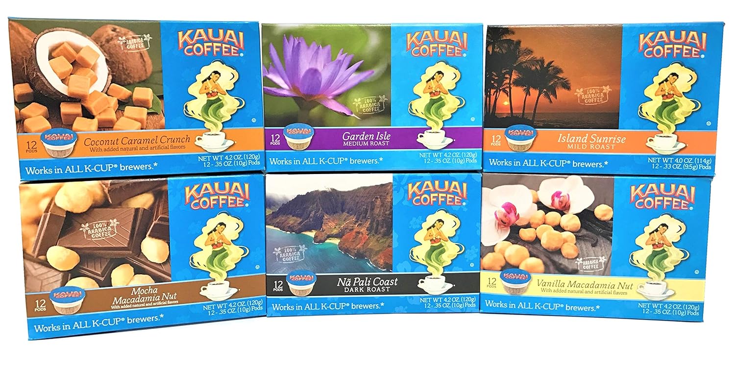 Kauai Coffee Variety Pack of 6, 12 Single Serve Pods, 1 Coconut Caramel