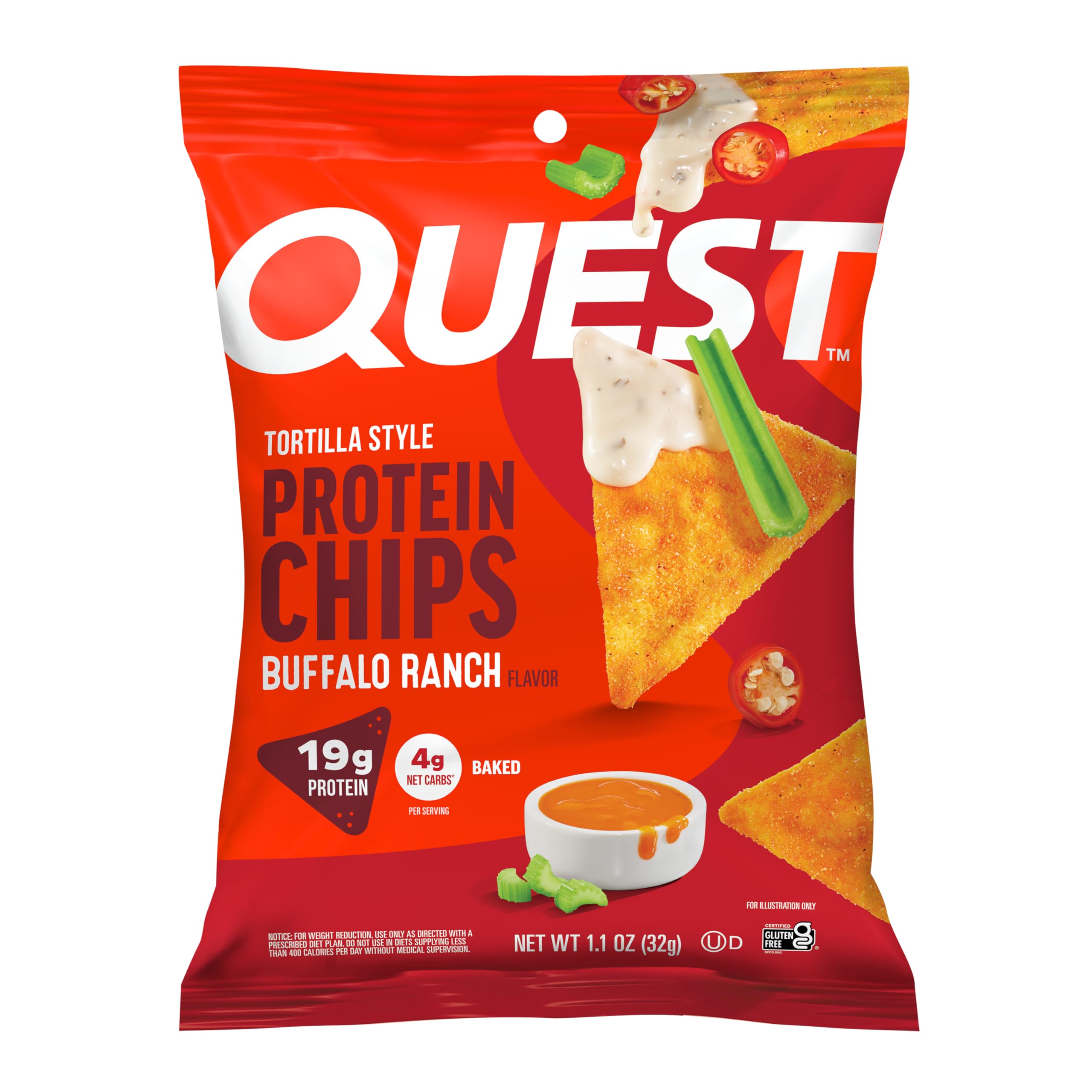 Quest Nutrition Tortilla Style Protein Chips, Buffalo Ranch, 19g of Protein, 4g Net Carbs, Gluten Free Protein Snack, 1.1 Ounce (Pack of 12) Image