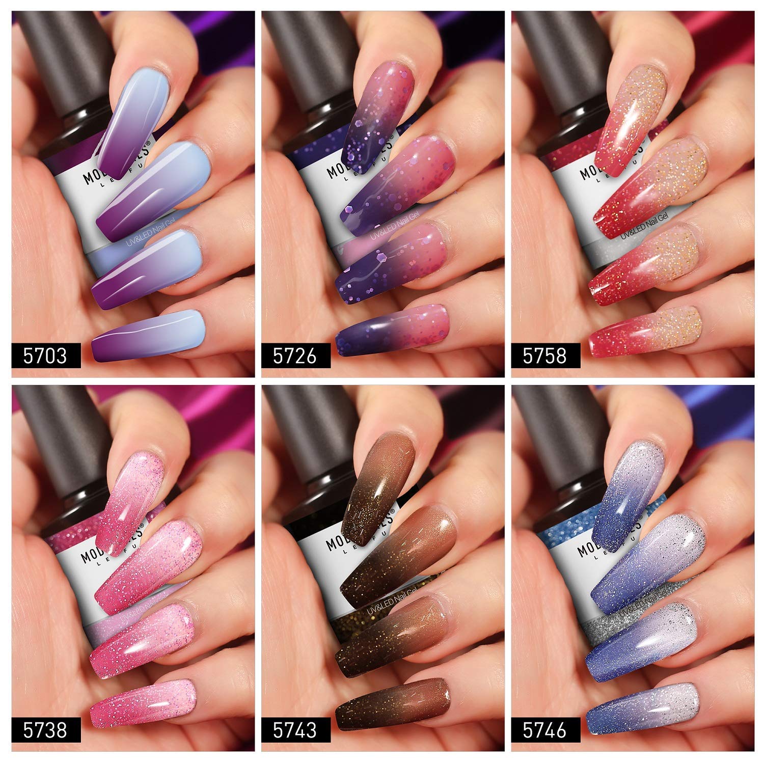 Modelones Mood Gel Nail Polish - Color Changing Gel Nail Polish Set- Red Glitter Gel Polish- Soak Off Gel Nail Polish Manicure- 6 Colors 0.33 OZ 10 ML with Gift Box for Nail Art DIY at Home : Beauty