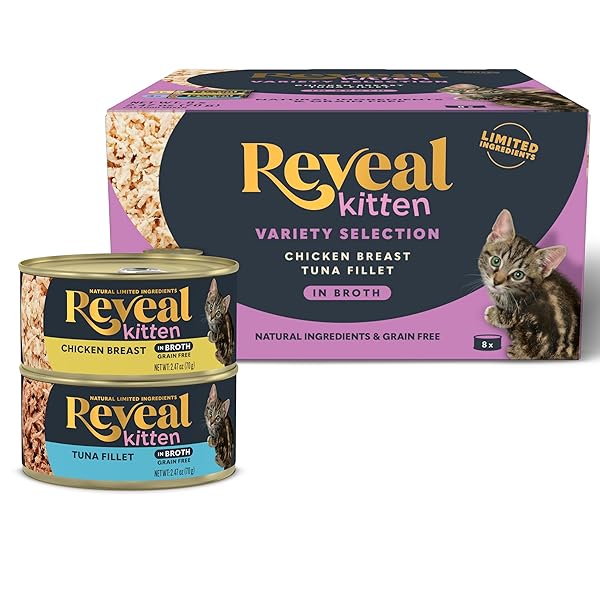 REVEAL NATURAL WET KITTEN FOOD IN BROTH, LIMITED INGREDIENT GRAIN FREE CANNED KITTEN FOOD, PROTEIN WITH NO ARTIFICIAL ADDITIVES, CHICKEN & TUNA VARIETY IN BROTH (8 X 2.47 OZ CANS)