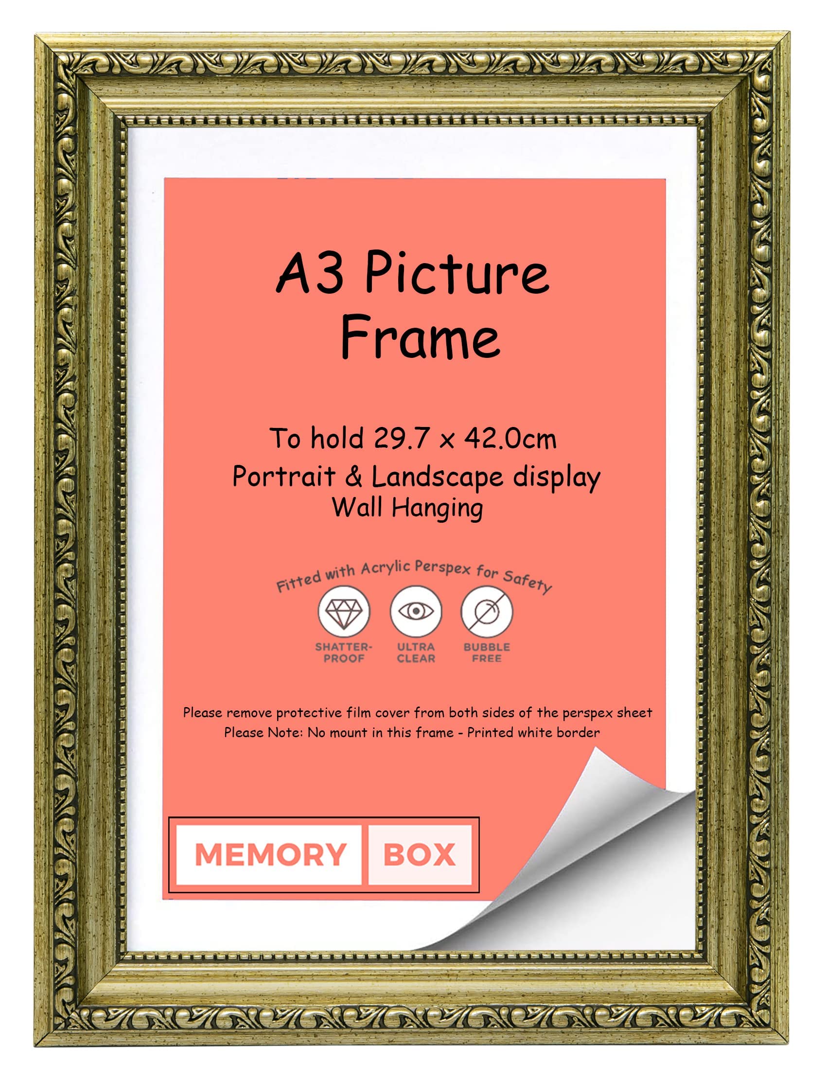 Memory Box Ornate Shabby Chic Picture/Photo/Poster frame with Perspex Sheet - Champagne A3