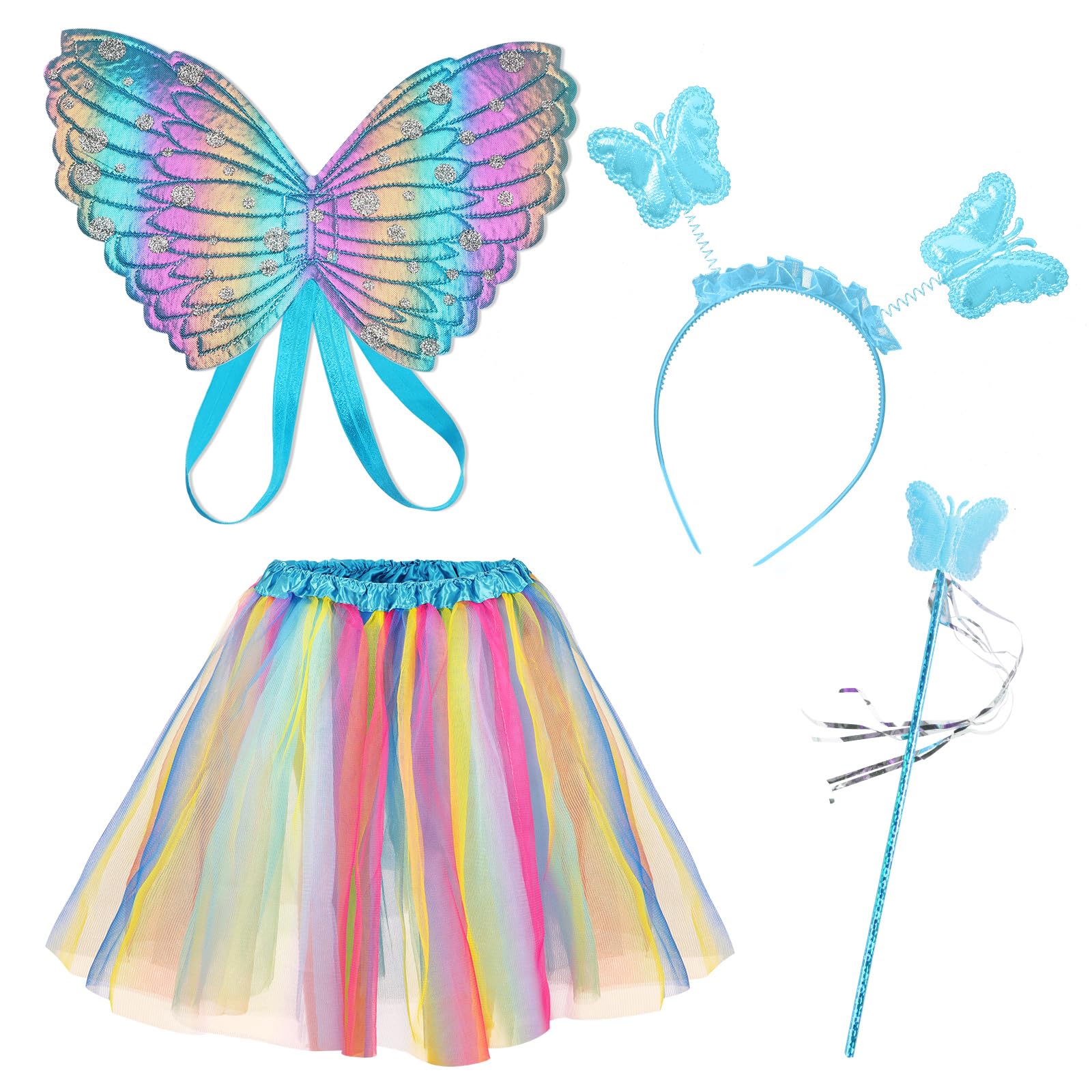 AUYAO 4Pcs Kids Butterfly Wings Costume Set, Fancy Dress Up Butterfly Wings Cape Kids, Princess Fairy Costume Fairy Butterfly Wings Set with Tutu Skirt, Girls Butterfly Dress up for Halloween(Blue)