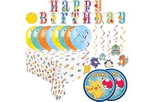Pokemon Birthday Party Decorations Pack - Tablecloth Balloons Hanging Swirl Decorations Customizable Happy Birthday Banner | 