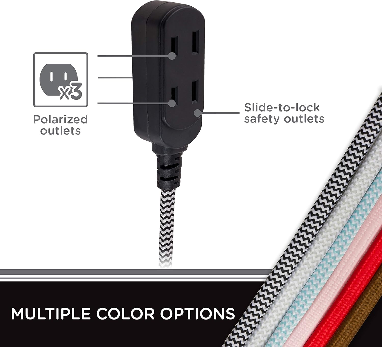 Cordinate Designer Extension, 2 Prong Power Strip, Extra Long 8 Ft Cable with Flat Plug, Braided Chevron Fabric Cord, Slide-to-Lock Safety, Black/White, 39984 3 Polarized Outlets, 8 ft, 8 Ft - - 