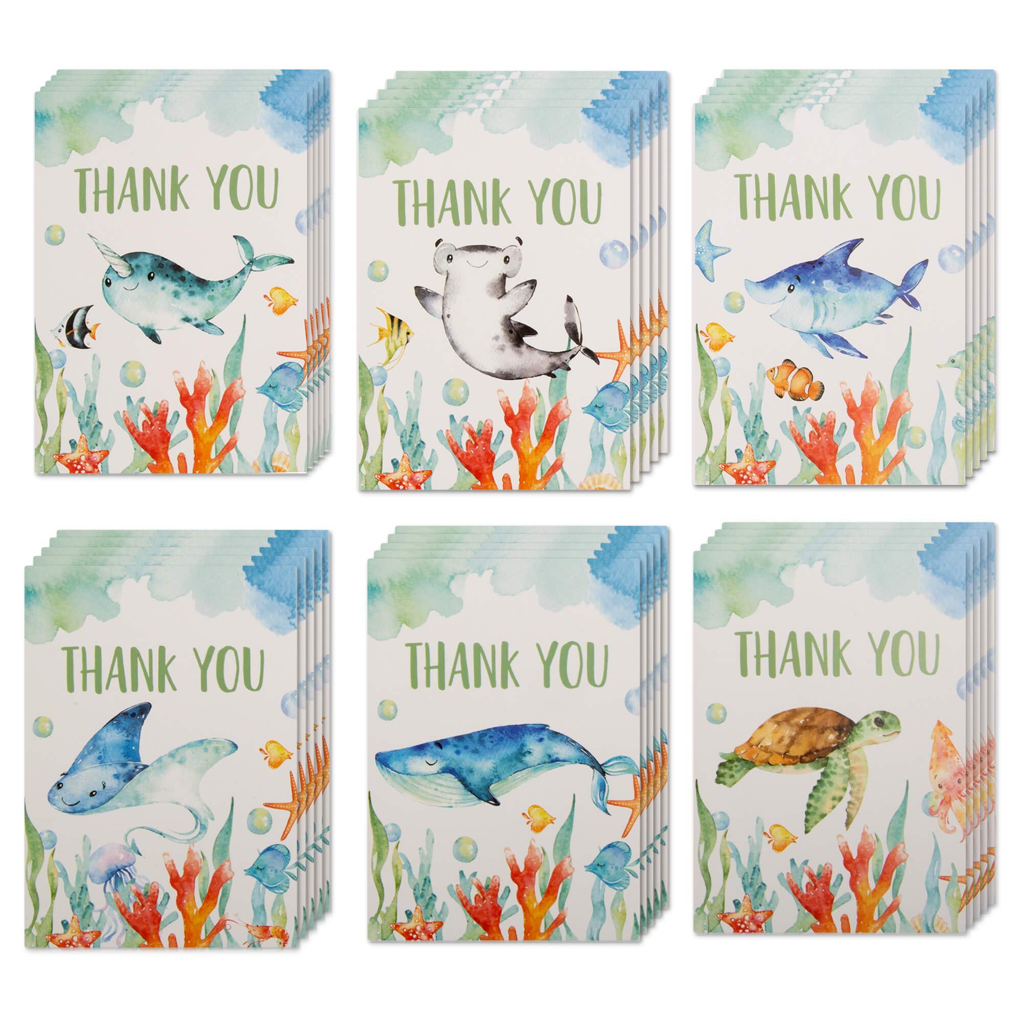 VNS Creations 30 Pack Happy Birthday Cards for Kids - Sea Themed Assorted Birthday Cards with Envelopes & Stickers for Kids Baby Showers, Thank You - Small and Cute Ocean creatures
