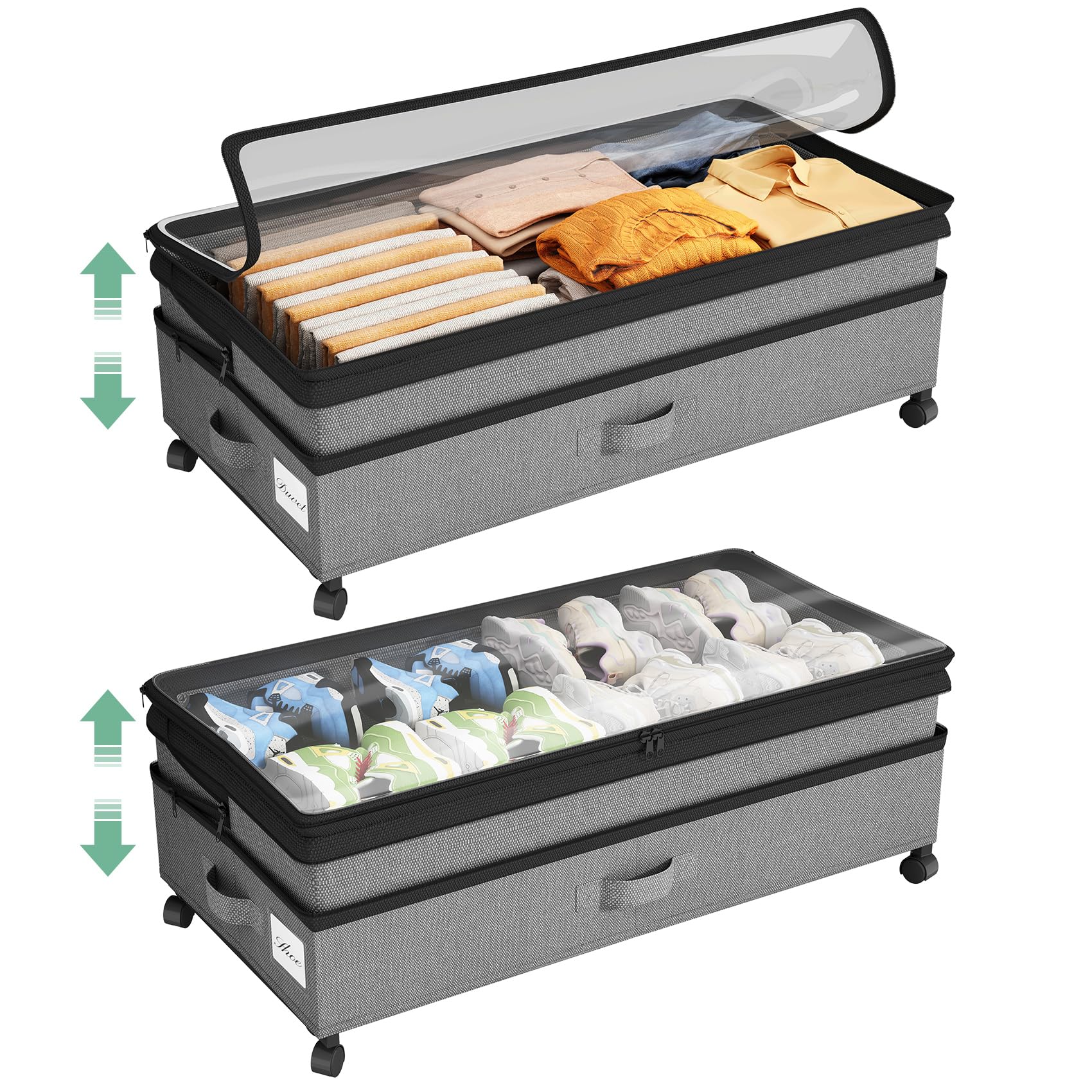 Photo 1 of Kitstorack 2Pack Height-adjustable Under Bed Storage with Wheels, Under Bed Storage Containers,Under Bed Shoe Storage Organizer with Clear Window&Label, Suitable for Clothes Storage