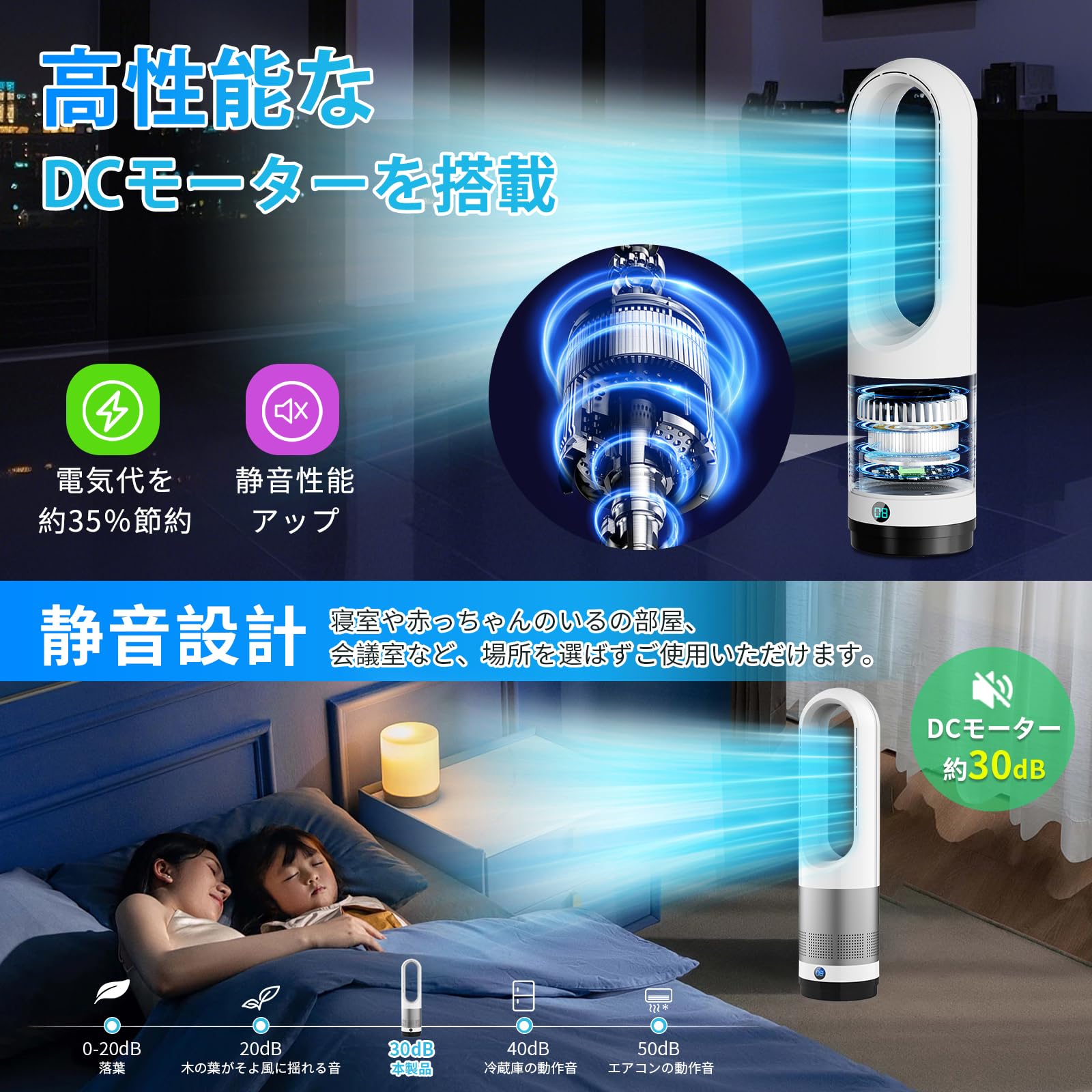 Tower Fan, Bladeless Fan, For Cooling & Warming, 28 W Power Saving Measures, Bladeless Fan, Slim Tower, Circulator, Heating/Cooling Equipment, Energy Saving, Living Fan, 8 Levels of Cold Air,