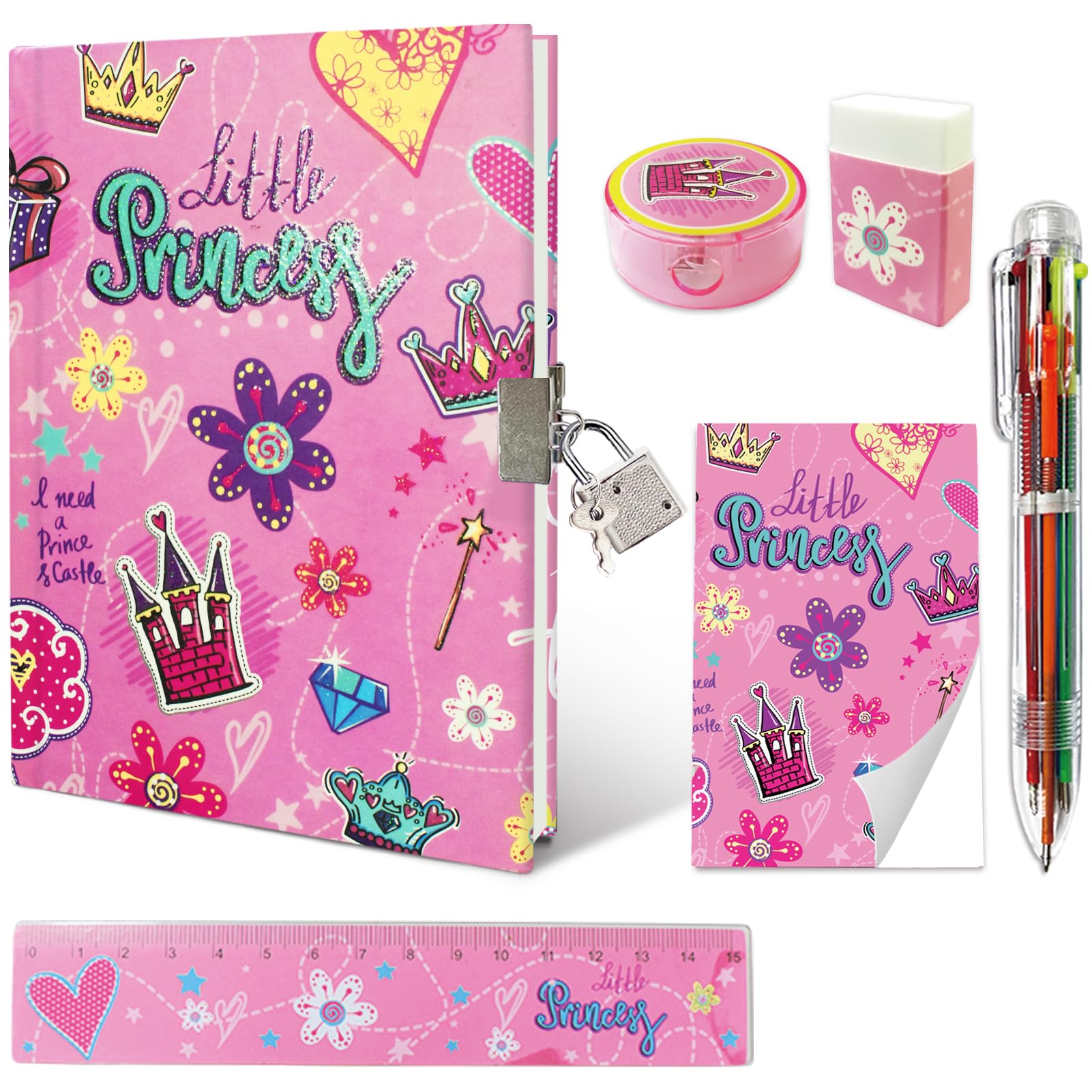 Set of Secret Diary for Girls, 6Pcs Gifts Stationery Set for Girls incl. Princess Diary with Lock 6 Multicolor Pen Memo Ruler Eraser Sharpener Kids Notebook for Girls Birthday Presents Age 5-10 Year — image 1