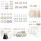 LOYALLOOK 61-63 Pairs Assorted Multiple Stud Earrings for Women Simple Cute Flower Big Hoop Earrings Moon Geometric Leaf Arrow Bow CZ Ball Heart Faux Pearl Earrings Set