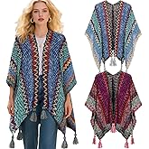 Cutecrop 2 Pcs Women's Knit Vintage Ethnic Tassel Stripe Poncho Knitted Shawl Wrap Open Front Poncho Cardigan Kimono with Fringe for Fall Winter Casual Loose Fringe Blanket Scarf Coat Wedding Gift