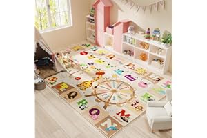 B BENRON Kids Rugs for Playroom Washable, Educational and Fun Learning Rugs with ABC Alphabet Animals Shapes, Baby Toddler Children's Play Mat for Bedroom Classroom Nursery, 3x5 Feet, Beige and Pink