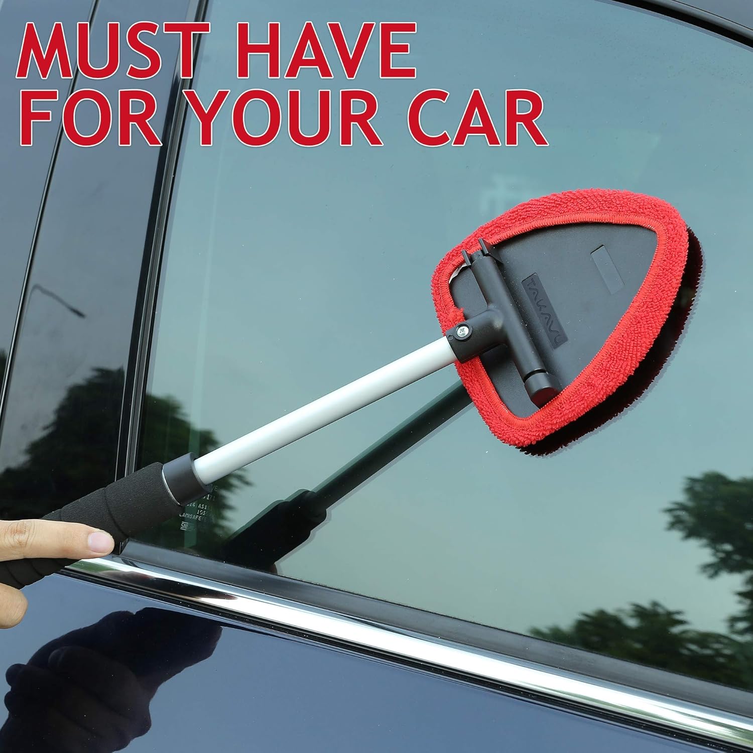 Windshield Window Cleaner Tool, Unbreakable Extendable Long-Reach Handle, Unique Pivoting Triangular Head, 3 Washable Reusable Microfiber Bonnets, Car & Home Inside Interior Exterior Use - Lint Free: Automotive