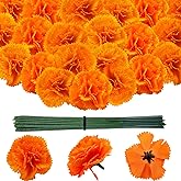 Beau Jour 100 Pcs Marigold Flowers Heads with Floral Stems, Silk Orange Artificial Flowers for Diwali Day of The Dead DIY Marigold Garland Wreath Decor (100)