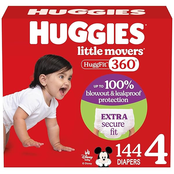 HUGGIES SIZE 4 BABY DIAPERS, LITTLE MOVERS HUGGFIT 360° BABY DIAPERS WITH 360° WAISTBAND, SIZE 4 (22-37 LBS), 144 COUNT (4 PACKS OF 36), PACKAGING MAY VARY