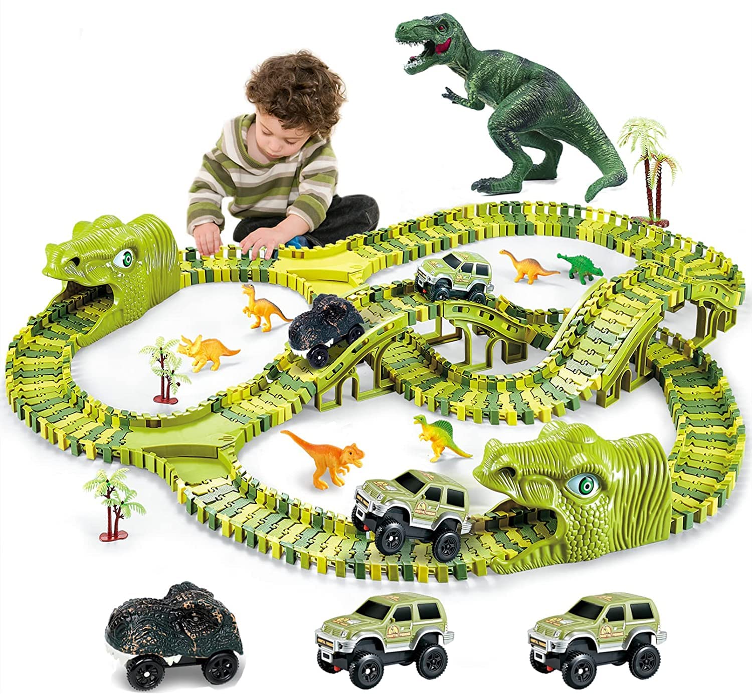 burgkidz Dinosaur Kids' Play Car Race Tracks, 260 Pcs Flexible Dinosaur Train Tracks with 7 Dinosaurs Figures and 3 Race Cars Vehicle, Birthday Gift for Boys Girls Ages 3+ Years