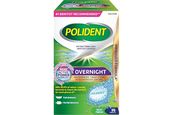 Polident Overnight Daily Denture Cleanser, 4 in 1 Cleaning System, Stain and Plaque Remover, Triple Mint Fresh, 96 Tablets (P