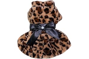 ARNUAETY Leopard Dress for Small Dogs Cats Girl Fleece Dresses with Bow Pet Costumes for Chihuahua, Yorkie and Teacup Dog Winter Puppy Skirt for Holiday Party