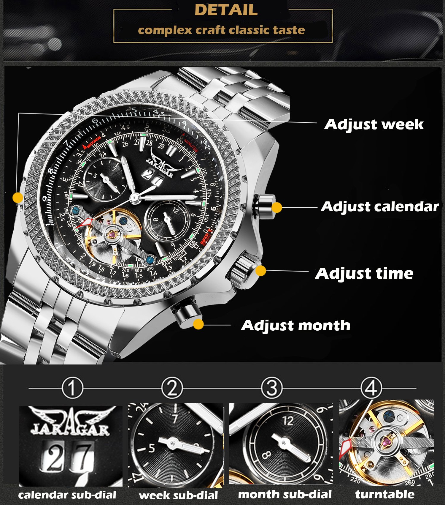 Gute Mens Watches, Mechanical Automatic Stainless Steel Waterproof Watch for Men, Luxury Big Face Multi Functional Tourbillon Calendar Wristwatch