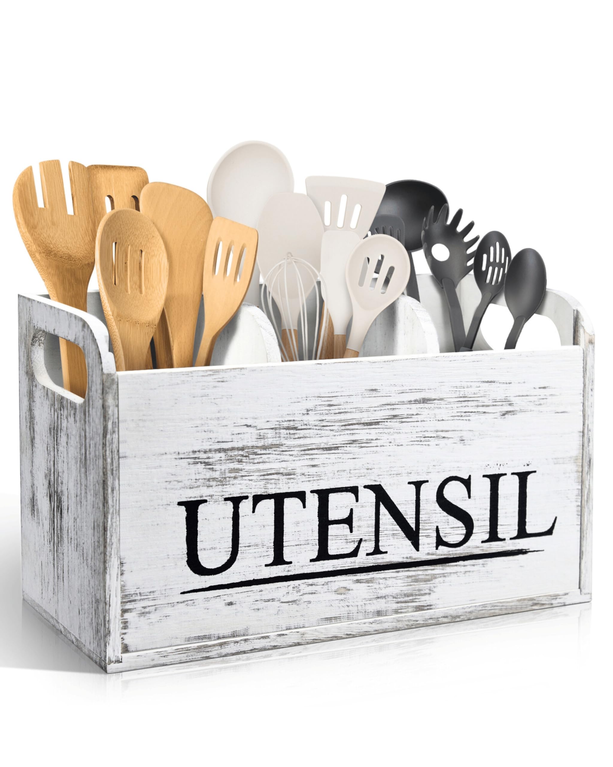 brekle White Kitchen Utensil Holder Rustic Large Wooden Utensil Organizer Cooking Tools Storage