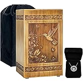 Wooden Urn for Ashes Adult Male Female, Handcrafted Large Cremation Urns Box for Human Ashes Adult Man Woman, Memorial Decorative Funeral Urn with Hummingbird Carvings, with Velvet Bag & Necklace