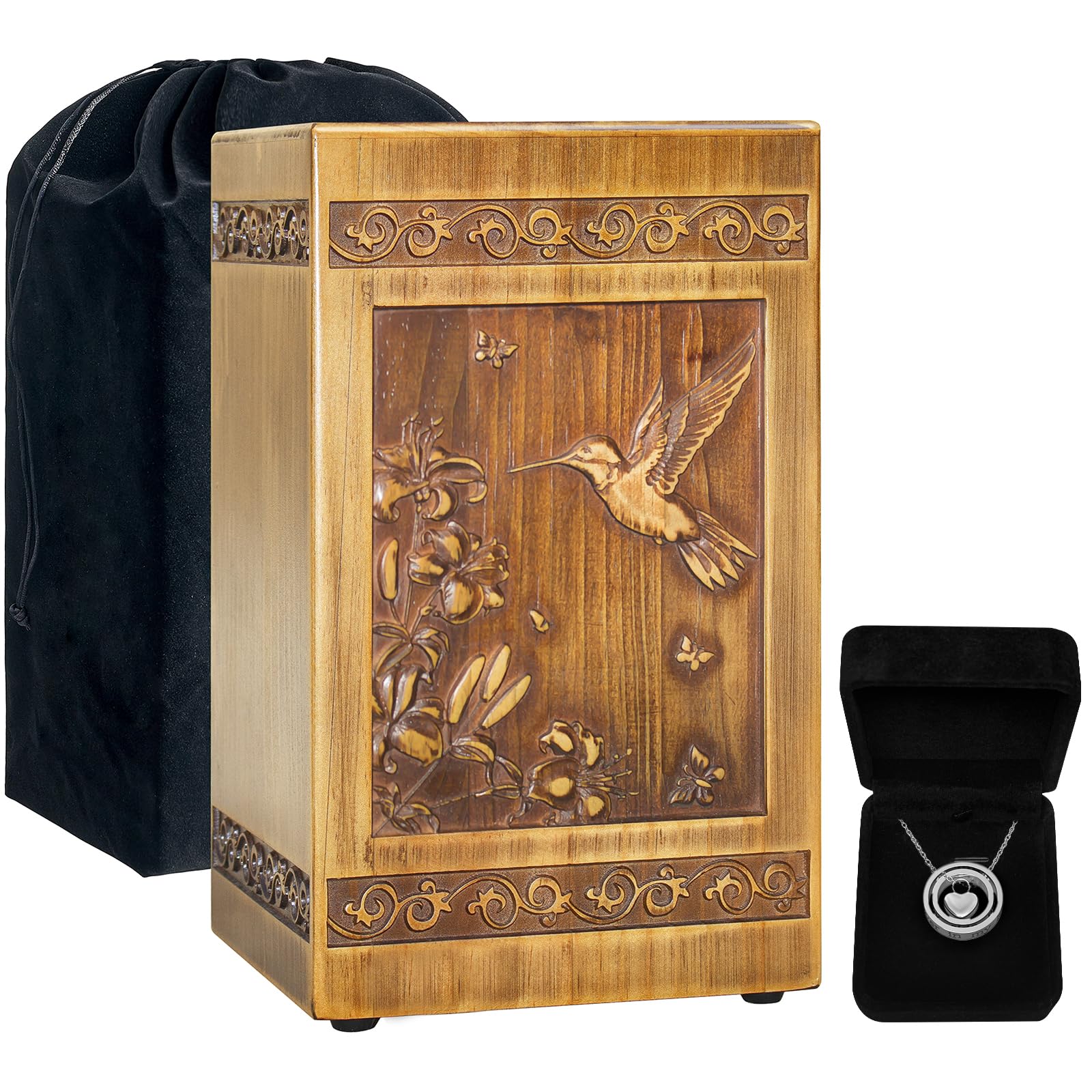 Photo 1 of Wooden Urn for Ashes Adult Male Female, Handcrafted Large Cremation Urns Box for Human Ashes Adult Man Woman, Memorial Decorative Funeral Urn with Hummingbird Carvings, with Velvet Bag & Necklace