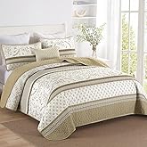 DJY Striped Quilt Set Queen Size, Brown Boho Striped Patchwork Leaves Printed Bedspread Coverlet Set 3 Pieces Soft Lightweight Microfiber Quilted Bedding Set for All Season (96"x90")