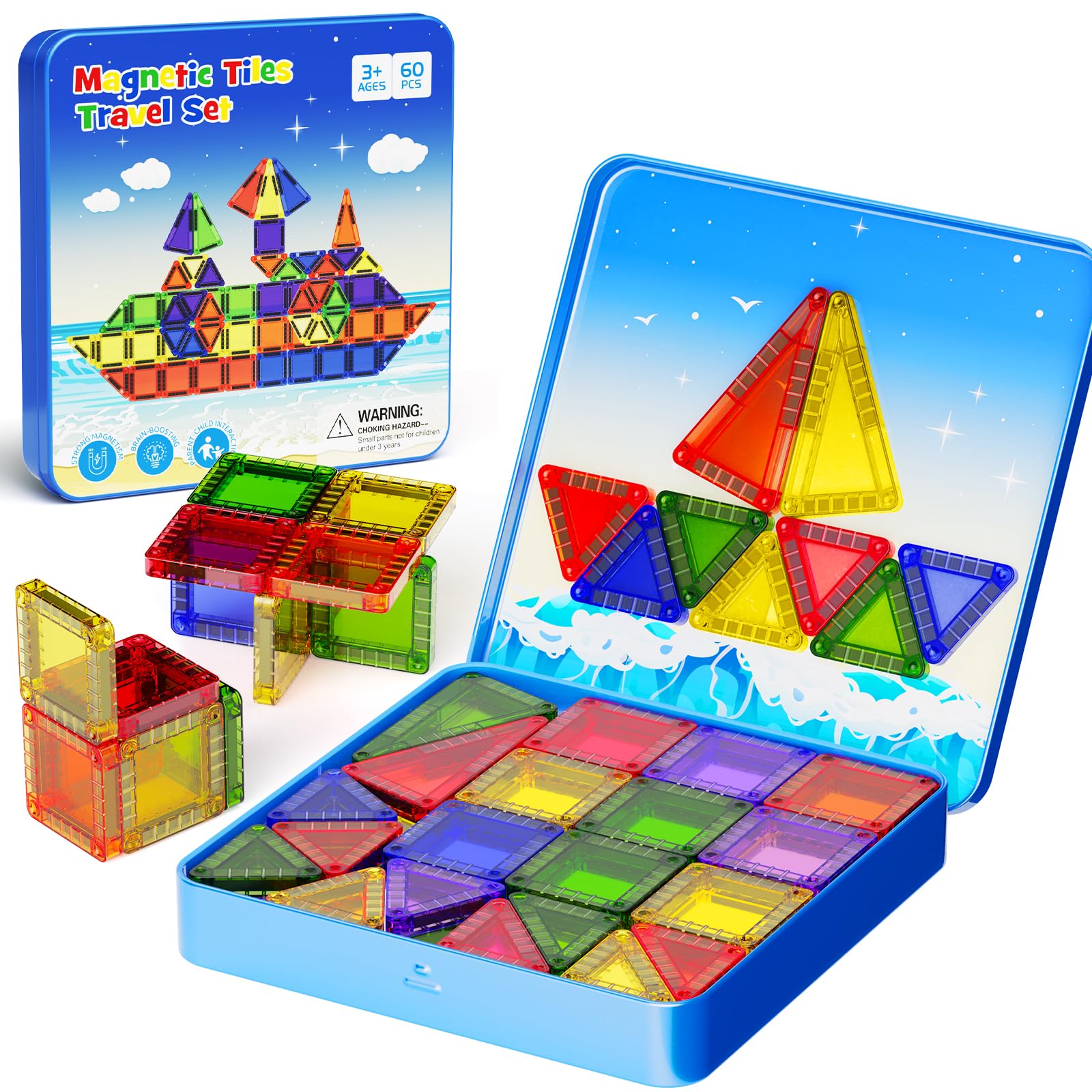 YOGOHEE 60pcs Magnetic Tiles for Kids, Magnetic Building Blocks with Portable Iron Box Build as Base, STEM Educational Toys for Toddlers Boys Girls, Travel Toys for Kids