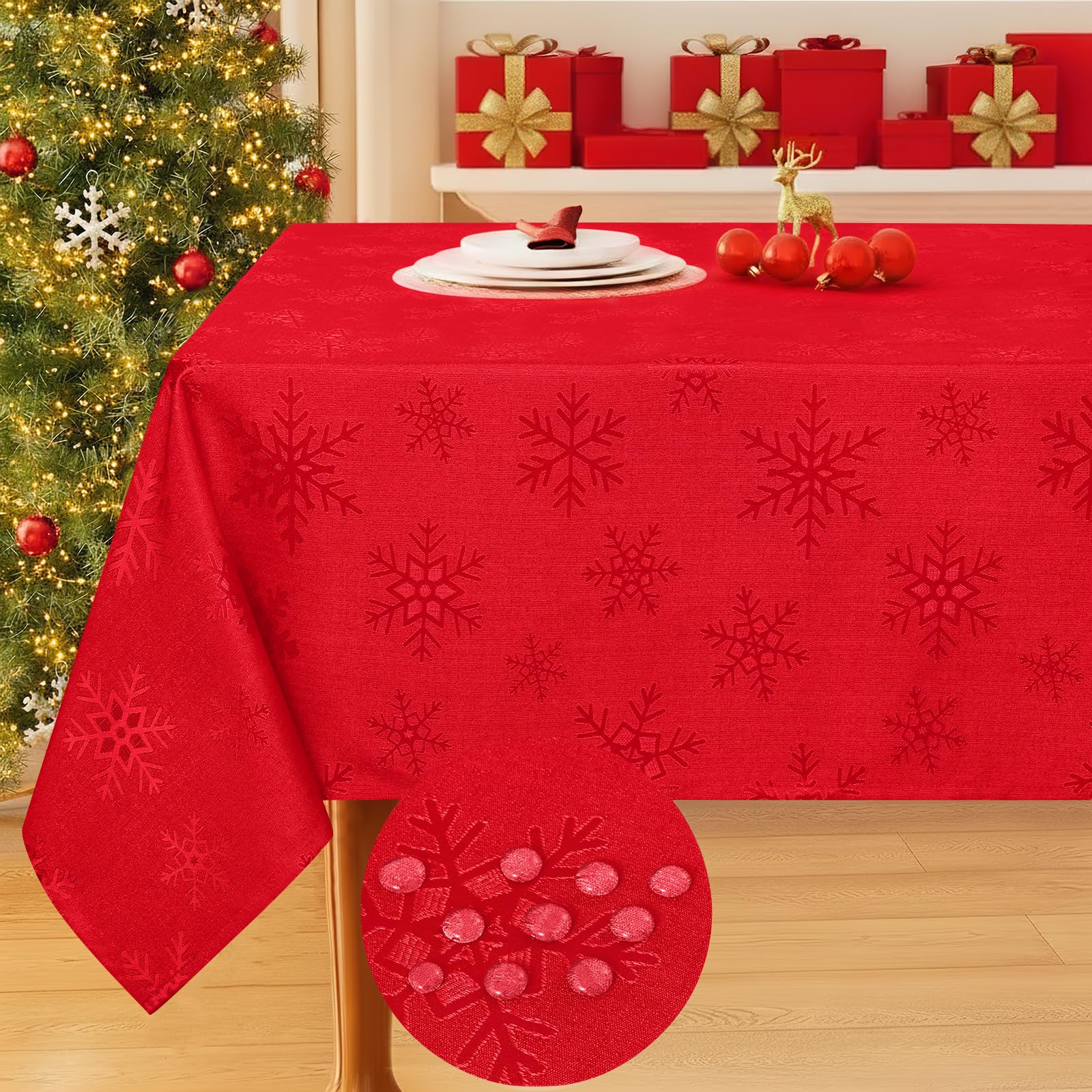 Smiry Rectangle Christmas Tablecloth 60x140 Inch, Waterproof Damask Table Cloth, Snowflake Patterns Fabric Table Covers for Christmas Dinner, and New Year Celebration, Red Image
