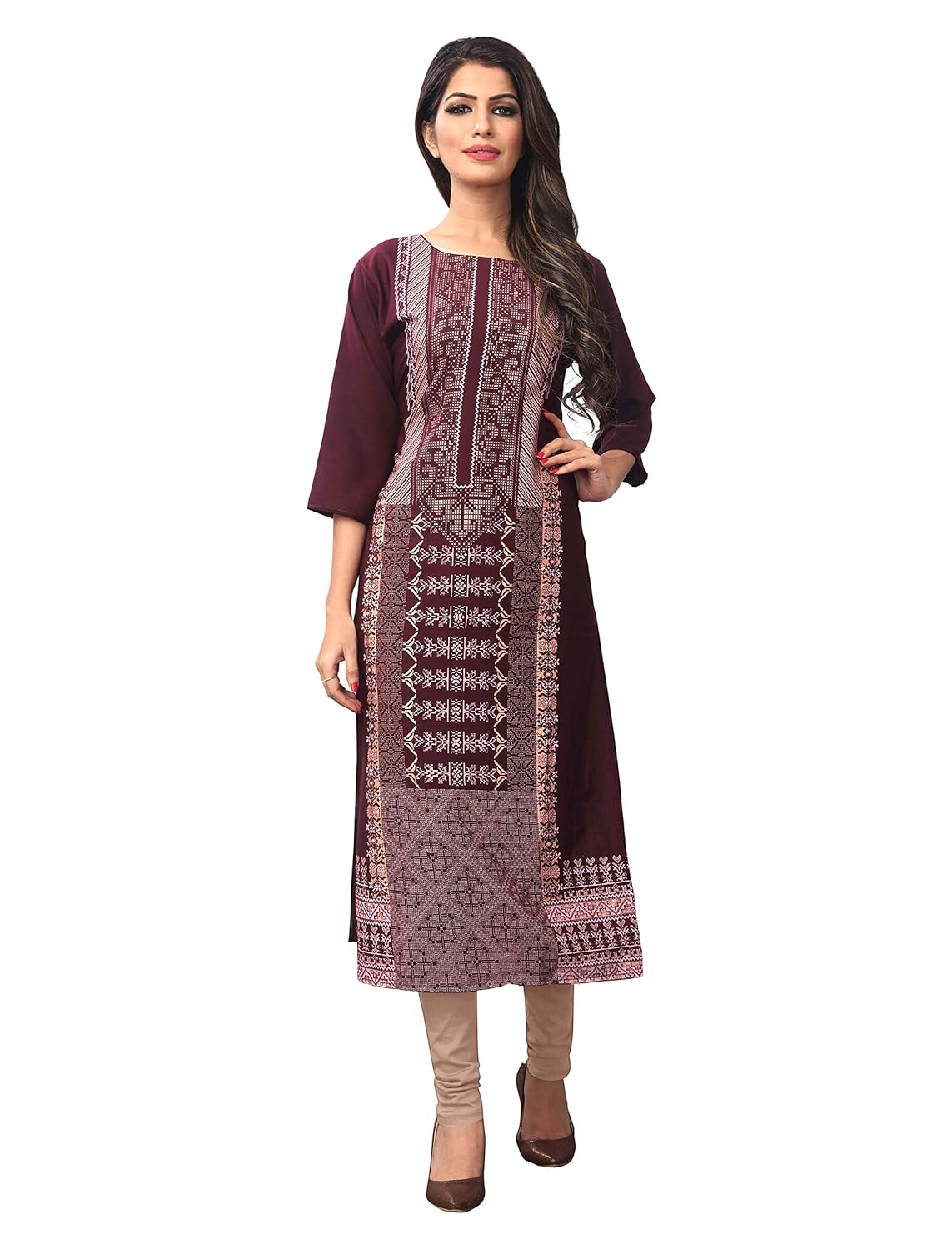 1 stop fashion women's wine-coloured crep knee long w style foil print kurtas/kurti