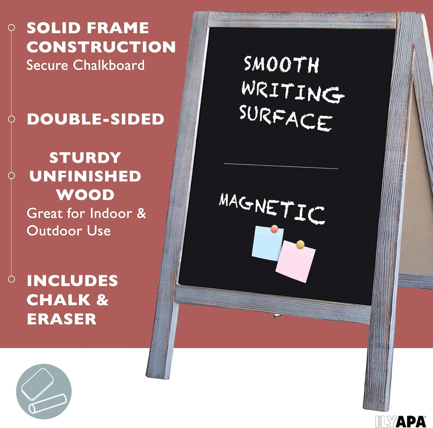 Wooden A-Frame Sign with Eraser & Chalk - Magnetic Sidewalk Chalkboard – Sturdy Freestanding Grey Sandwich Board Menu Display for Restaurant, Business or Wedding : Office Products