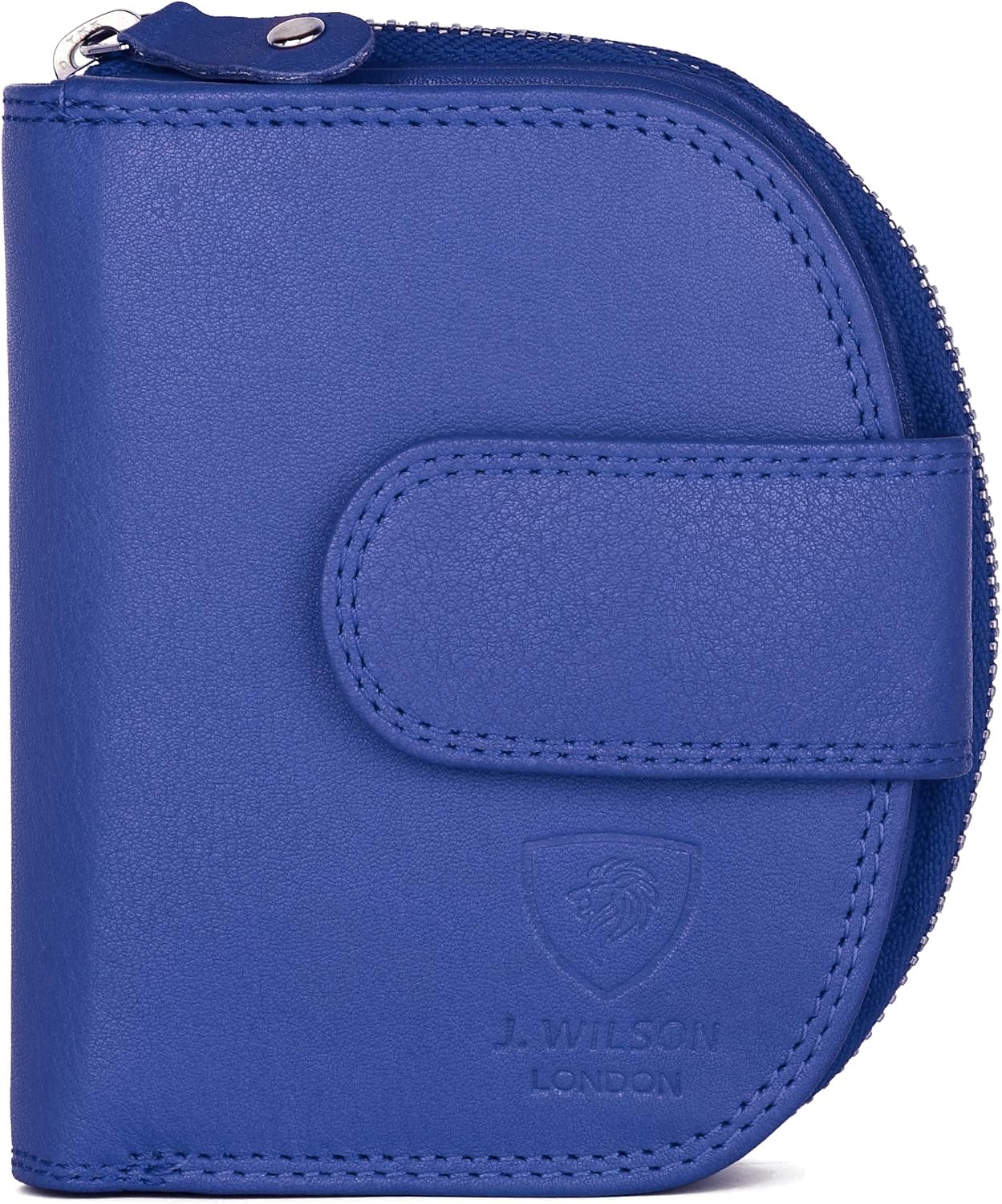 J. Wilson London Ladies RFID Safe Designer Leather Purse Card Women Wallet Zip Pocket Boxed, Royal Blue