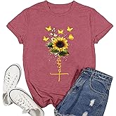 Ascrazy Womens Christian Shirts Faith Cross Sunflower Butterfly T-Shirt Bible Verse Religious Tee Tops