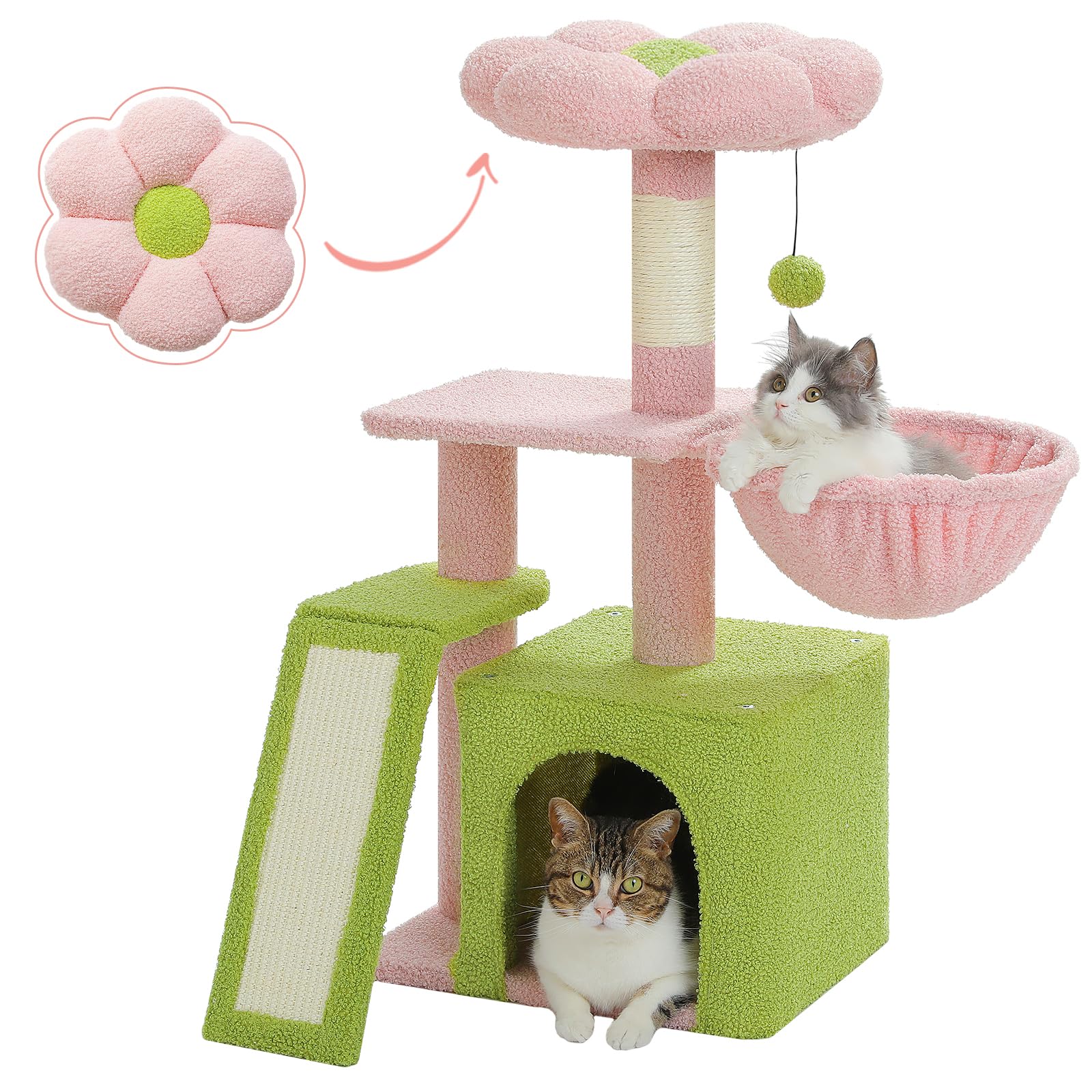 Photo 1 of PETEPELA Flower Cat Tree for Indoor Cats, 32'' Small Cat Tower Cat Condo with Sisal Scratching Ramp, Cozy Hammock and Removable Flower Bed Perch for Kittens, Pink