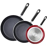 Cook N Home Nonstick Frying Pans Set 3 Piece, 8, 9.5, 11-Inch Kitchen Cooking Skillets Saute Fry Pan Induction Compatible, Marble Red