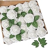 AmyHomie Artificial Flower White Rose 25pcs Real Looking Fake Roses w/Stem for DIY Wedding Bouquets Centerpieces Arrangements Party Baby Shower Valentines Day Christmas Tree Decorations