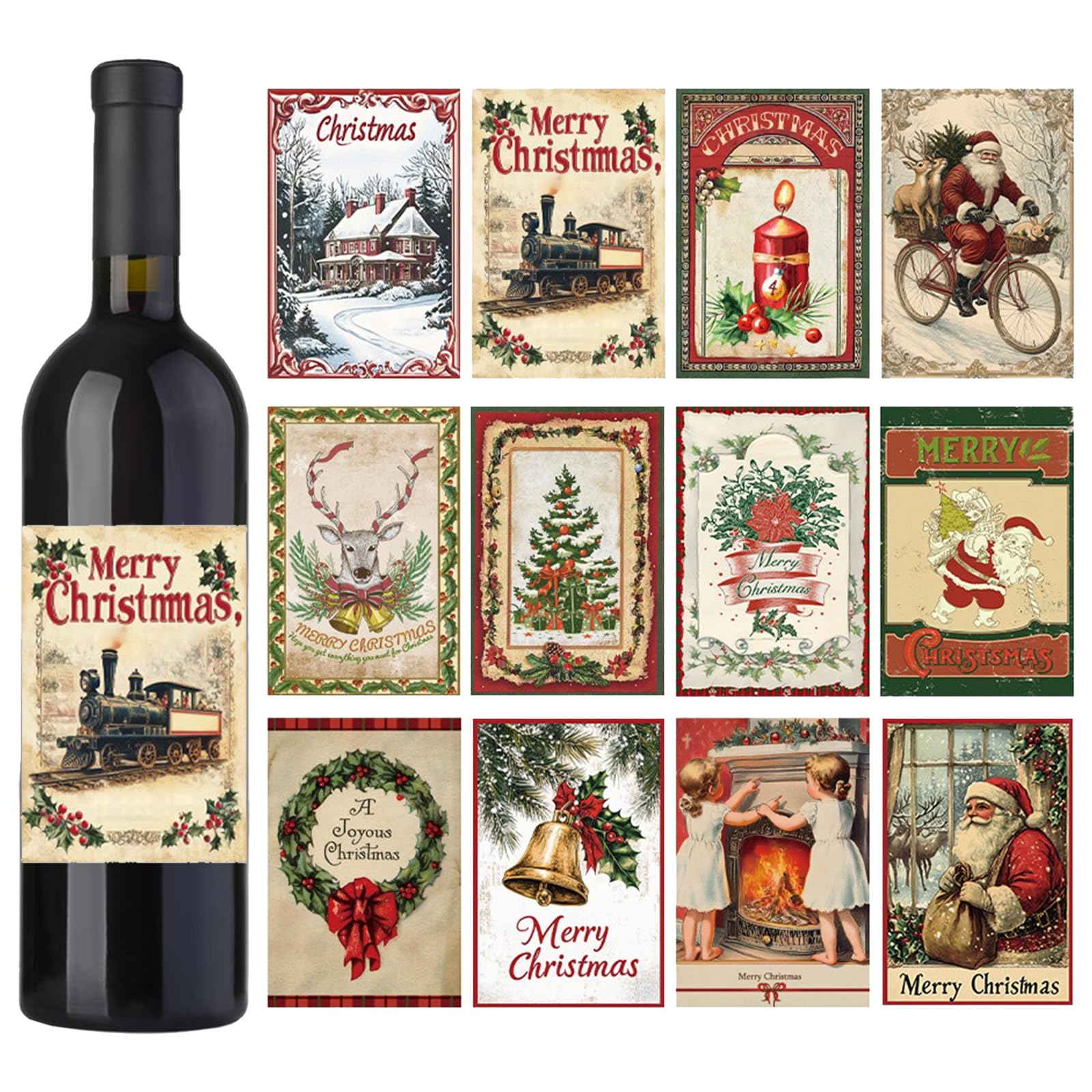URROMA 48Pcs Merry Christmas Wine Bottle Labels 12 Designs Vintage Xmas Wine Bottle Stickers Drinks Wrappers for New Year Party Favors Decor
