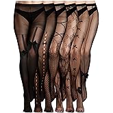 Ramede 6 Pairs Women Fishnet Thigh High Stockings Waist Tights Bow Patterned Fishnet Leggings Pantyhose for Halloween