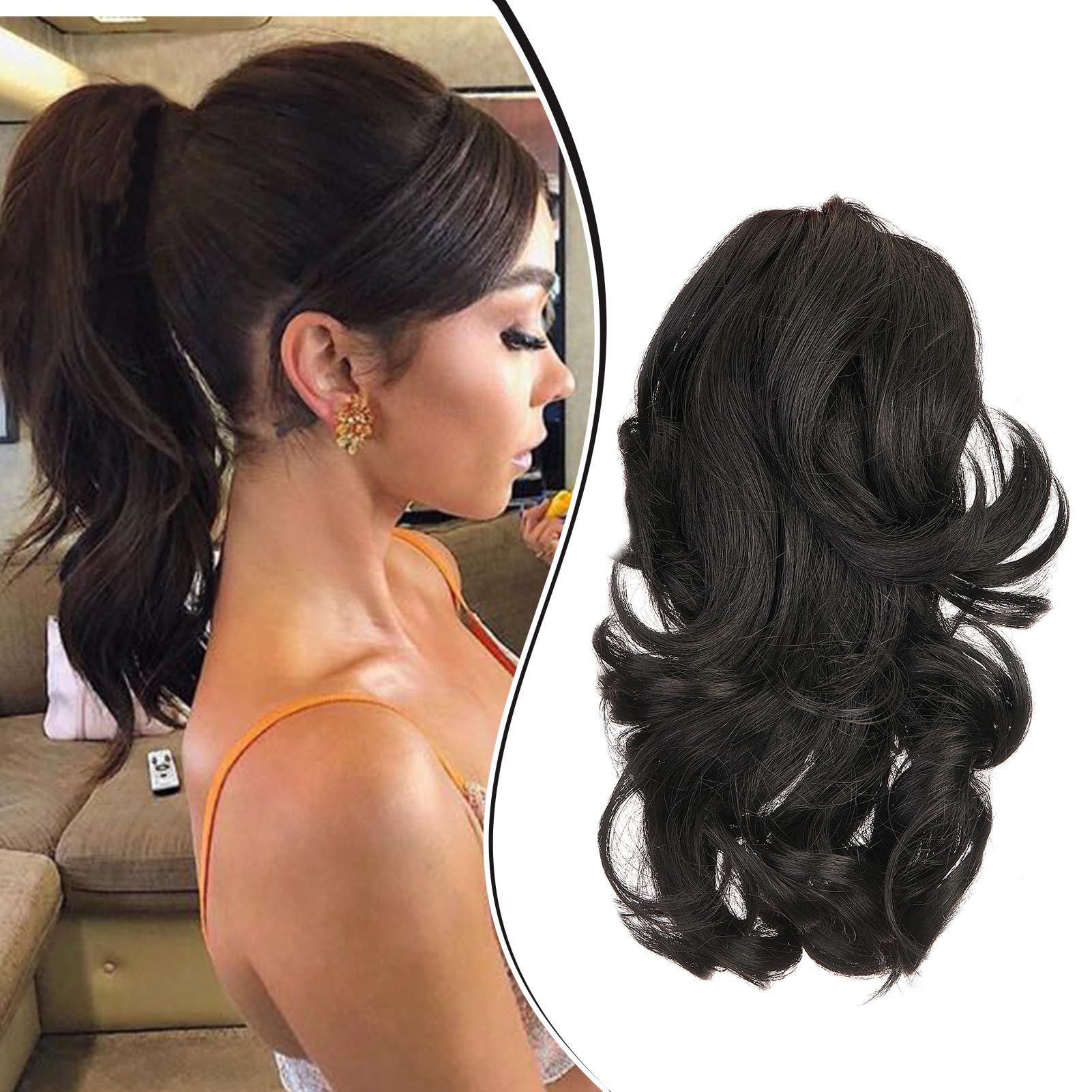 Dcbaboo Short Ponytail Extension Curly 12inch Claw Clip in Ponytail Hair Extensions Long Wavy Synthetic Pony tails Natural Wave One Piece Hairpiece Fake Ponytail for Women, Dark Brown โ image 1