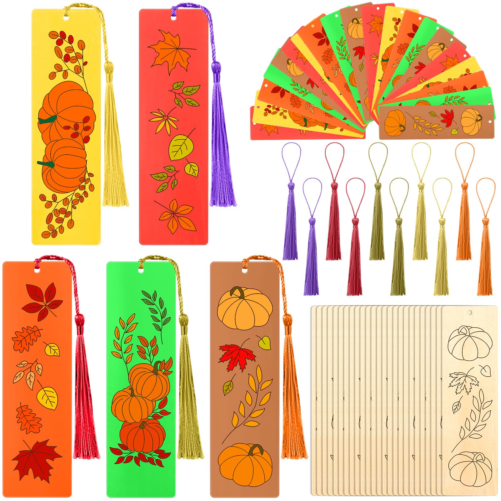 Photo 1 of AmazingSpark 100 Pcs Fall Wood Bookmarks DIY Crafts Kit, 50 Set Color Your Own Blank Bookmarks with Tassel for Classroom Art Autumn Leaves Pumpkins for School Teachers Students Thanksgiving Reward