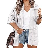 IN'VOLAND Plus Size Lightweight Crochet Cardigan for Women Short Sleeve Summer Kimonos Boho Open Front Knitted Cardigans
