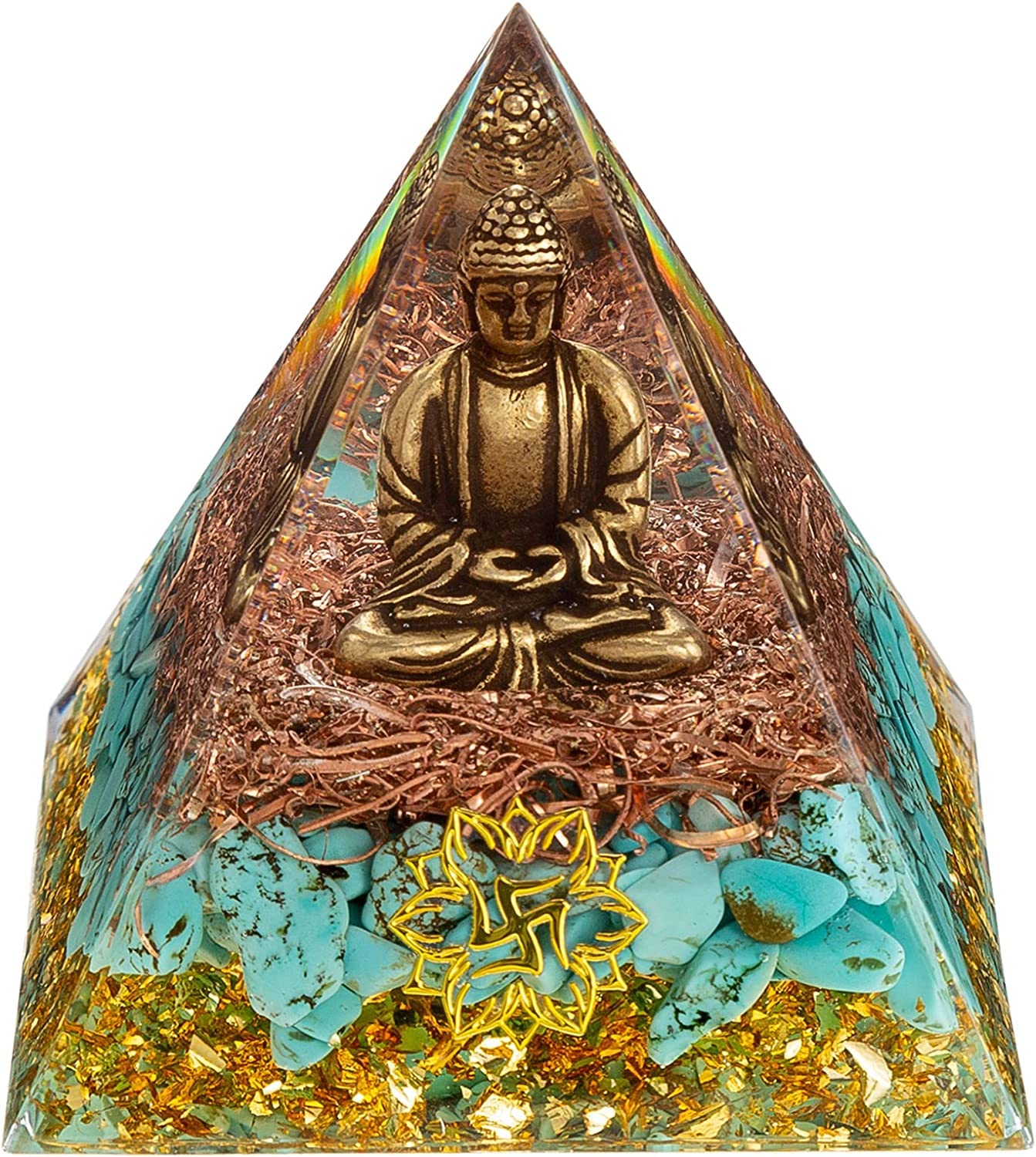 FENGSHUI-CAISHEN Pequeña estatua de Buda en pirámide de orgonita de cristal curativo, aguamarina con estatuilla de Buda bebé, decoración de Buda de meditación Reiki Chakra