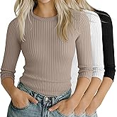 Ficerd 3 Pack 3/4 Sleeve Tops for Women, Cotton Knit Ribbed T Shirts Basic Slim Fit Casual Stretch Tees Crew Neck Shirts