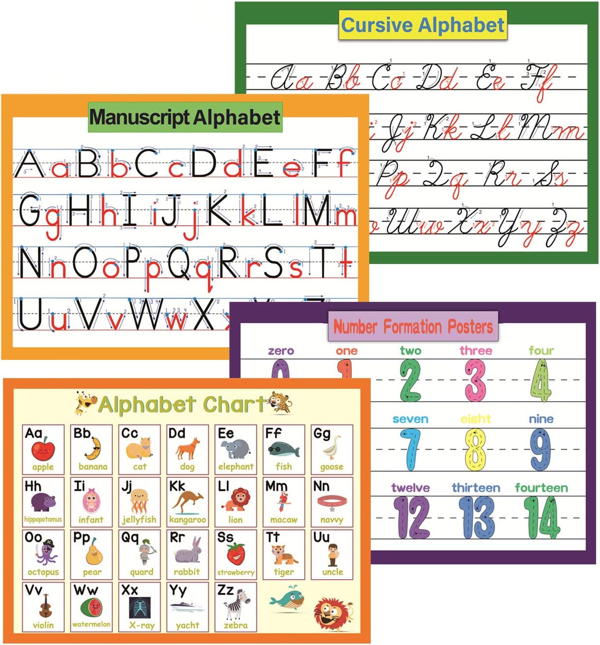 YIYEE 4 Pcs Educational Preschool Charts for Toddlers and Kids