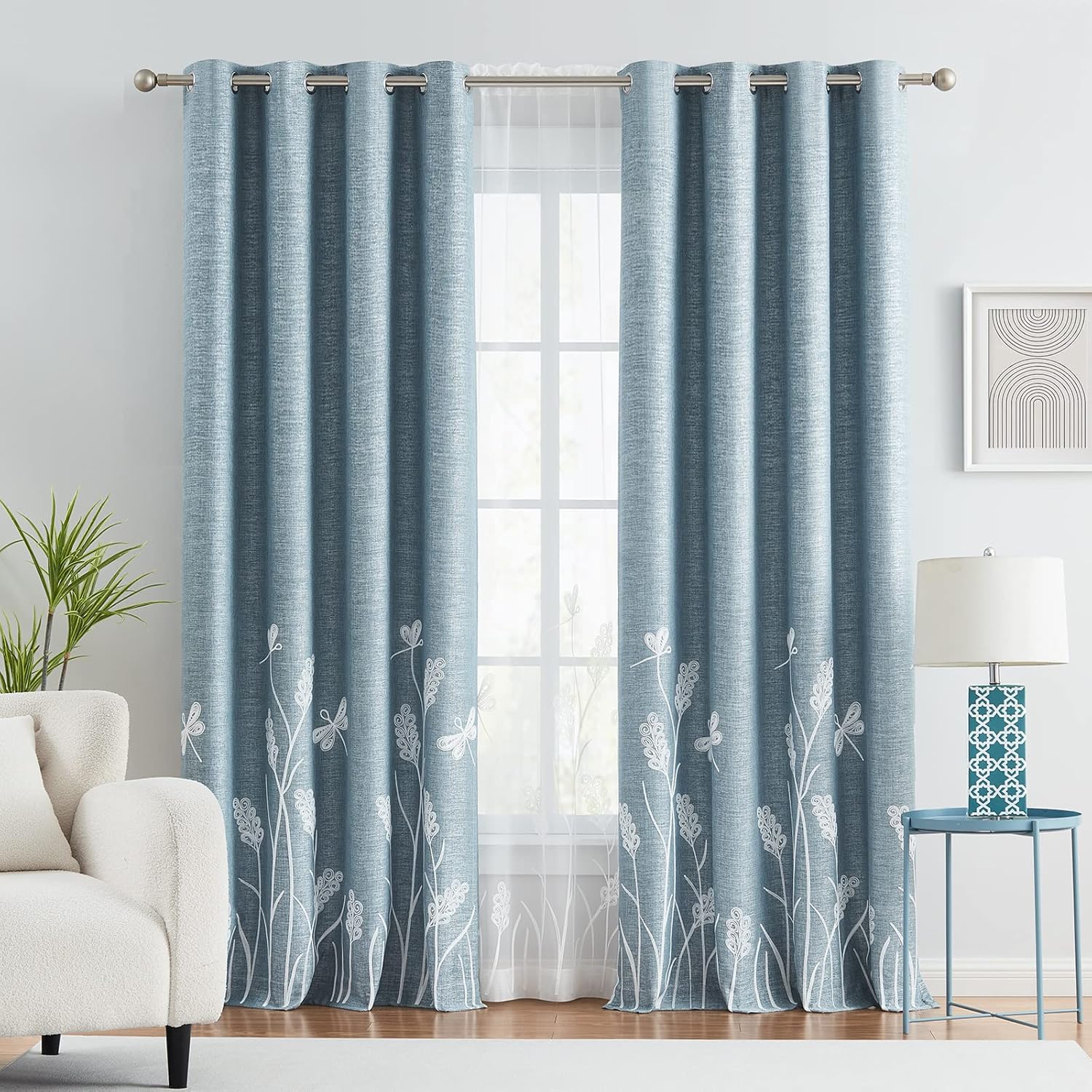 Outdoor Curtains - Melodieux Wheat Embroidery Faux Linen Blackout Wide Curtains for Living Room Patio Door Large Window Grommet Drape, White Wheat/Aqua Blue, 100 by 96 Inch (1 Panel)
