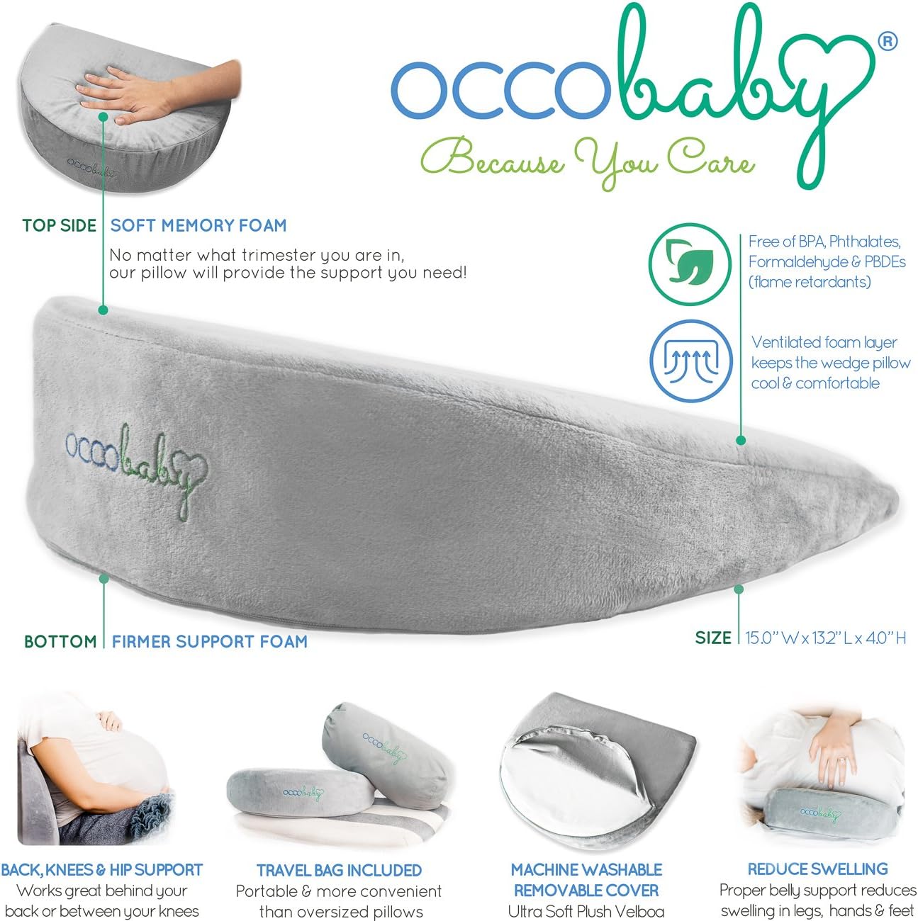 OCCObaby Pregnancy Pillow, Memory Foam Body Wedge for Belly, Knees and Back Support, Reversible Maternity Pillow with Removable Cover and Travel Bag: Kitchen & Dining