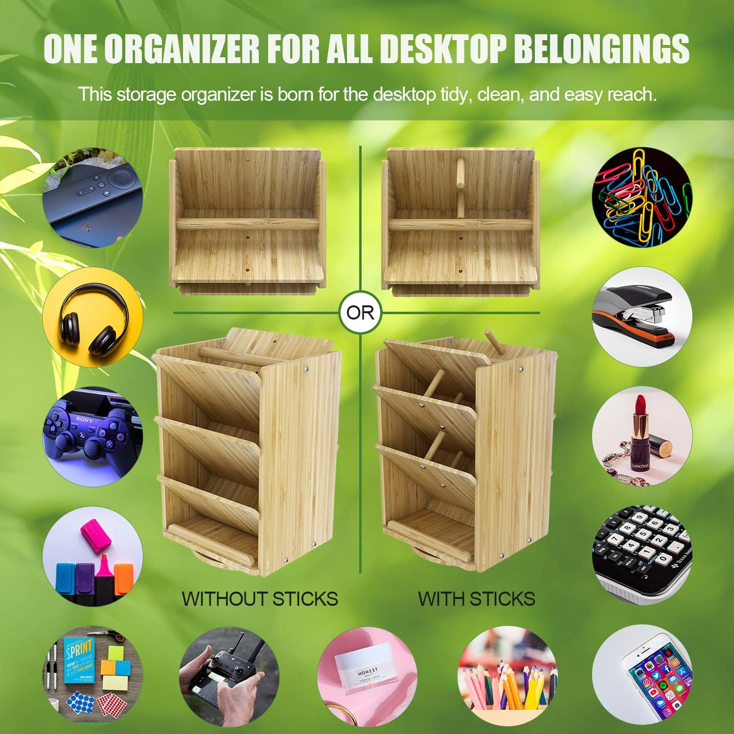Bamboo Desk Organizer Storage Accessories - Ultra-large 13 compartments, 1000+ Pencil Holder Capacity, Easy DIY Assembly, DF Darfoo Rotating Desktop Organizer for women, Cosmetics, and Office Supplies: Home Improvement
