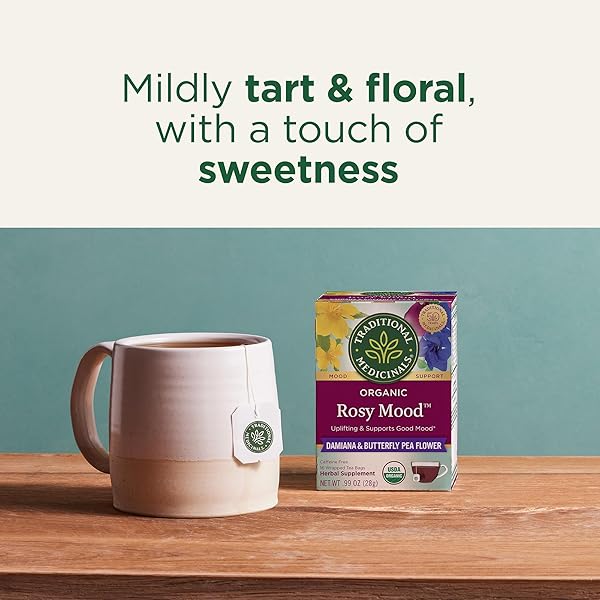 TRADITIONAL MEDICINALS ORGANIC, ROSY MOOD, DAMIANA & BUTTERFLY PEA FLOWER – UPLIFTING MOOD SUPPORT – KOSHER, NON-GMO, CAFFEINE-FREE, COMPOSTABLE – 16 TEA BAGS